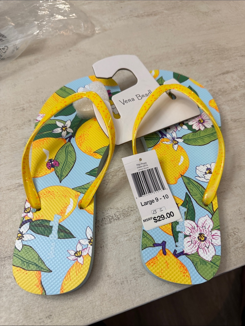 Vera Bradley Blue Flip Flops with Yellow Lemon Print. Large 9/10 size